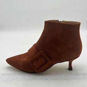 XYD Brown Low Heel Ankle Boots Pointed Toe Side Zip Buckle Strap Winter Shoes